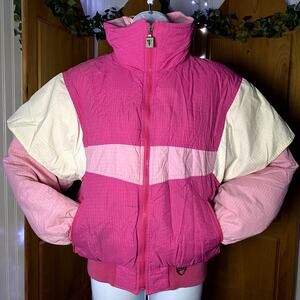 Retro Barbiecore Vibrant Pink & Cream Down-Filled Winter Coat Ski Jacket